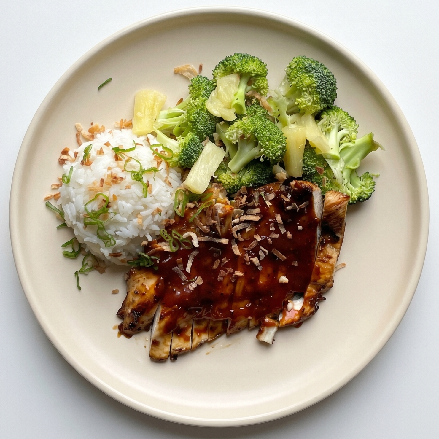 Plate of food with chicken, broccoli, and rice on a light background